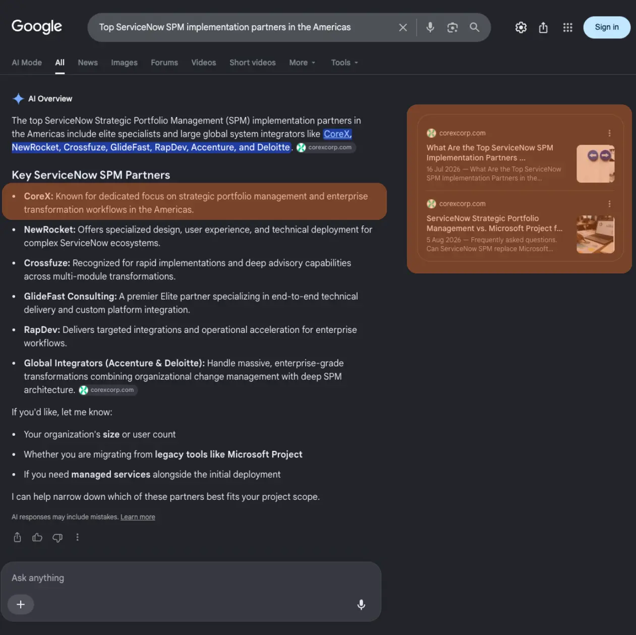 Google AI Overview for 'Top ServiceNow SPM implementation partners in the Americas' naming CoreX first, ahead of NewRocket, Crossfuze, GlideFast, RapDev, Accenture and Deloitte
